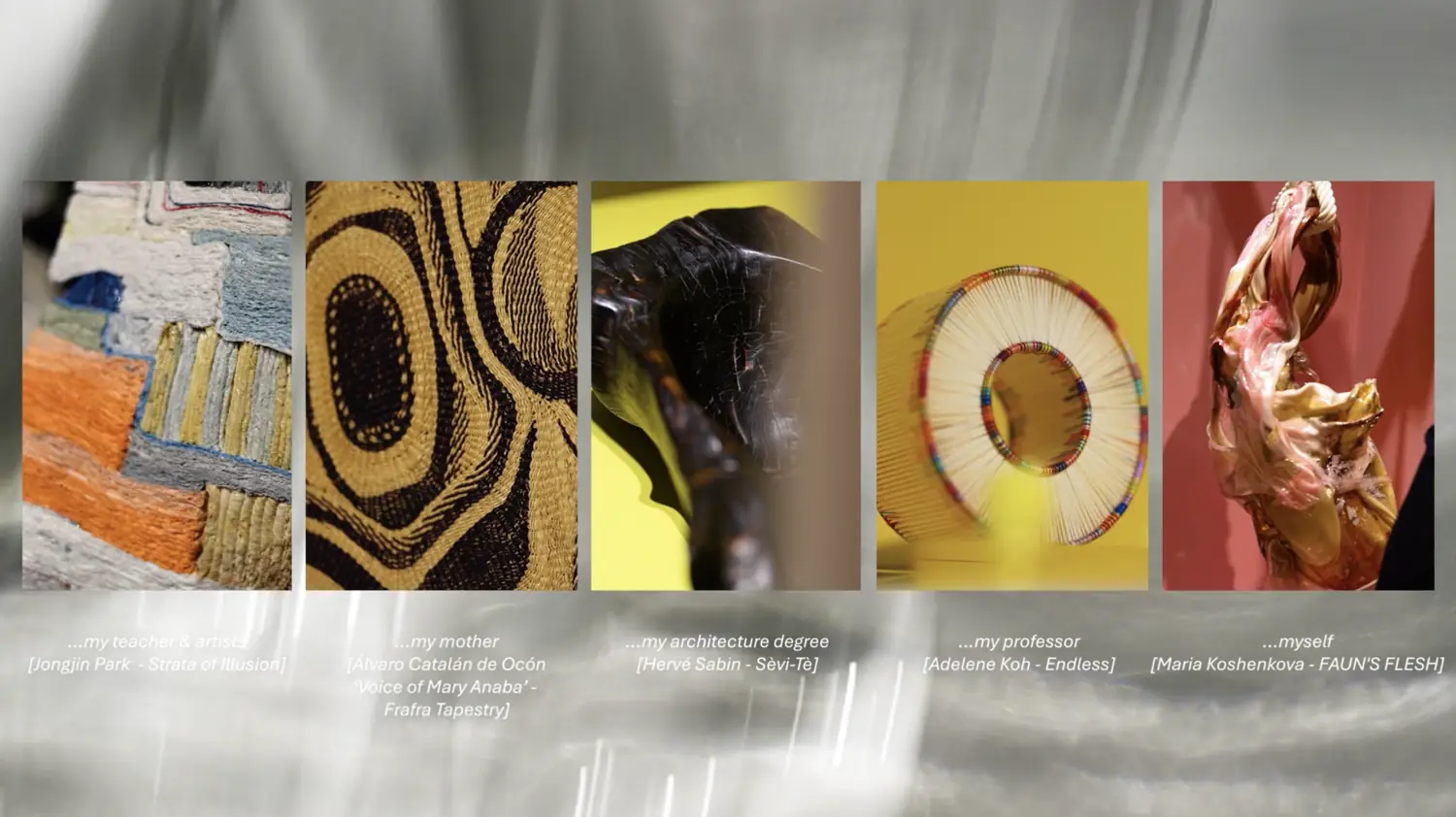 Film still: five artworks, each captioned with who taught the maker