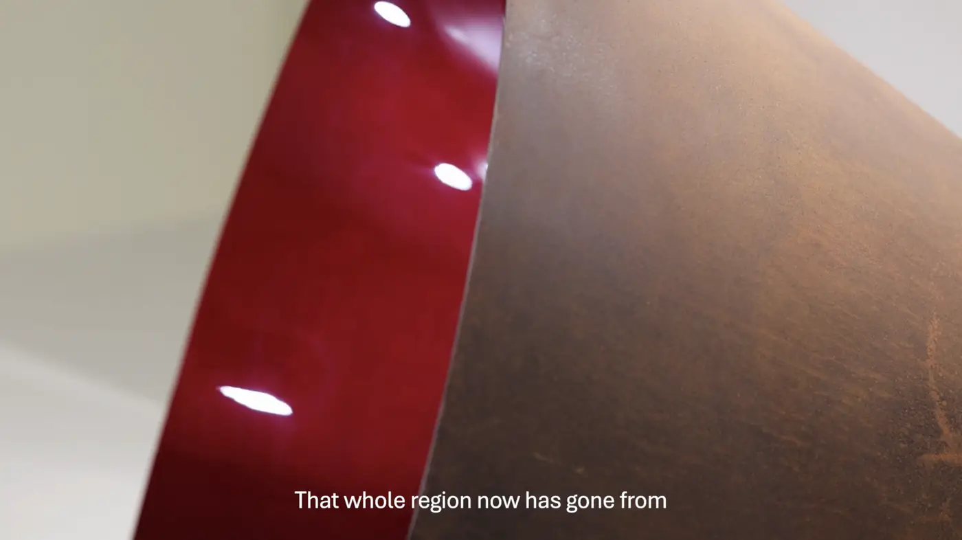 Red enamel and steel edge from Laying Vessel by Jobe Burns