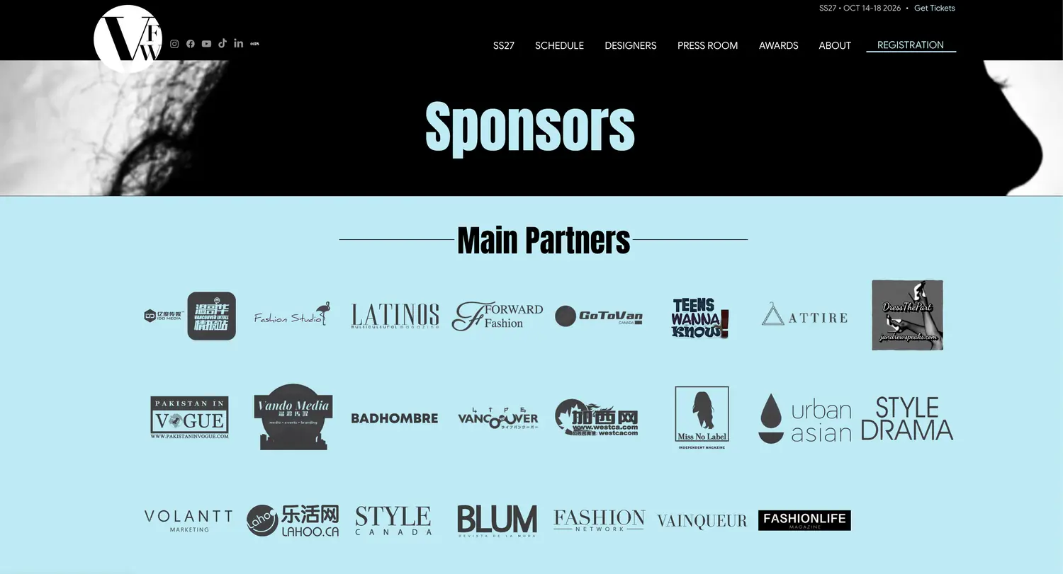 The Vancouver Fashion Week sponsors page, listing Volantt Marketing among the Main Partners