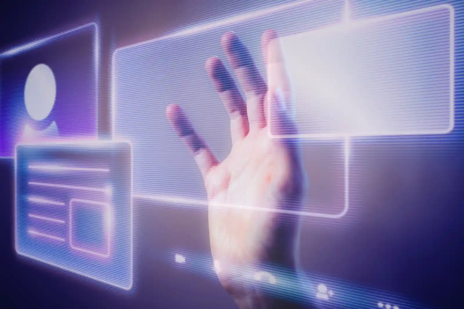 Woman touching smart technology holographic interface