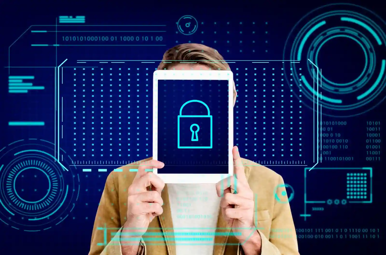 an image of a woman holding a tablet in front of her face showing a lock symbolizing data protection
