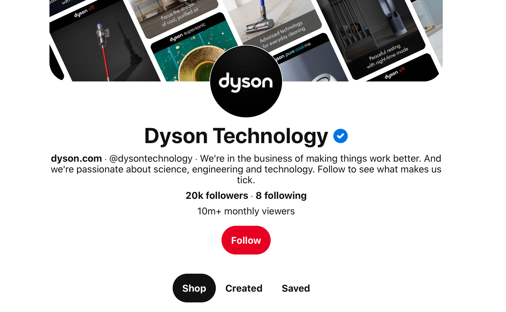 example of Dyson business account on Pinterest