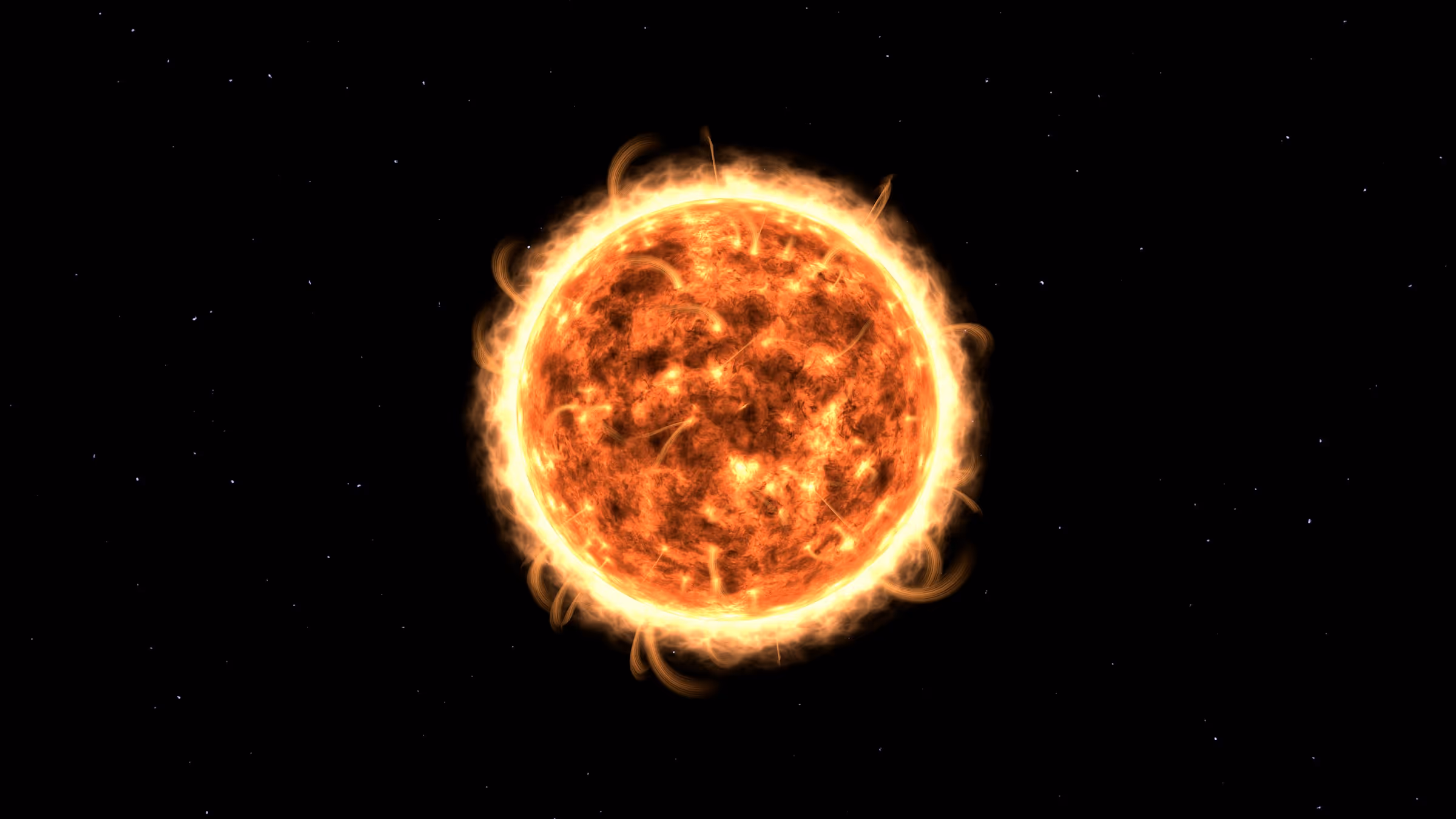 Glowing orange sun with solar flares against a black starry space background.