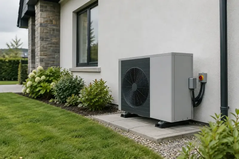 Air source heat pump unit outside a rendered house