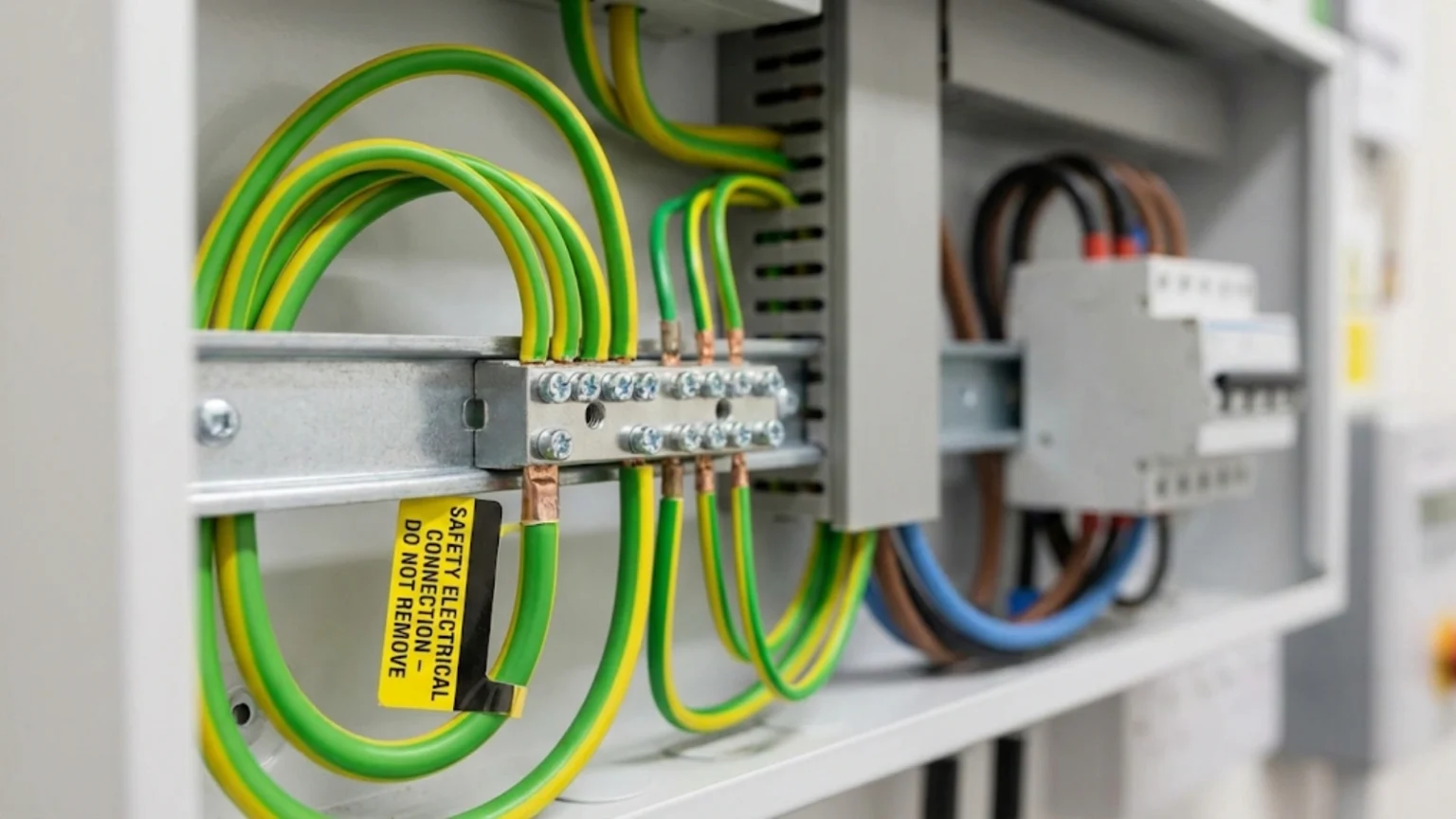 Green and yellow earthing conductors terminated on a bar inside a consumer unit