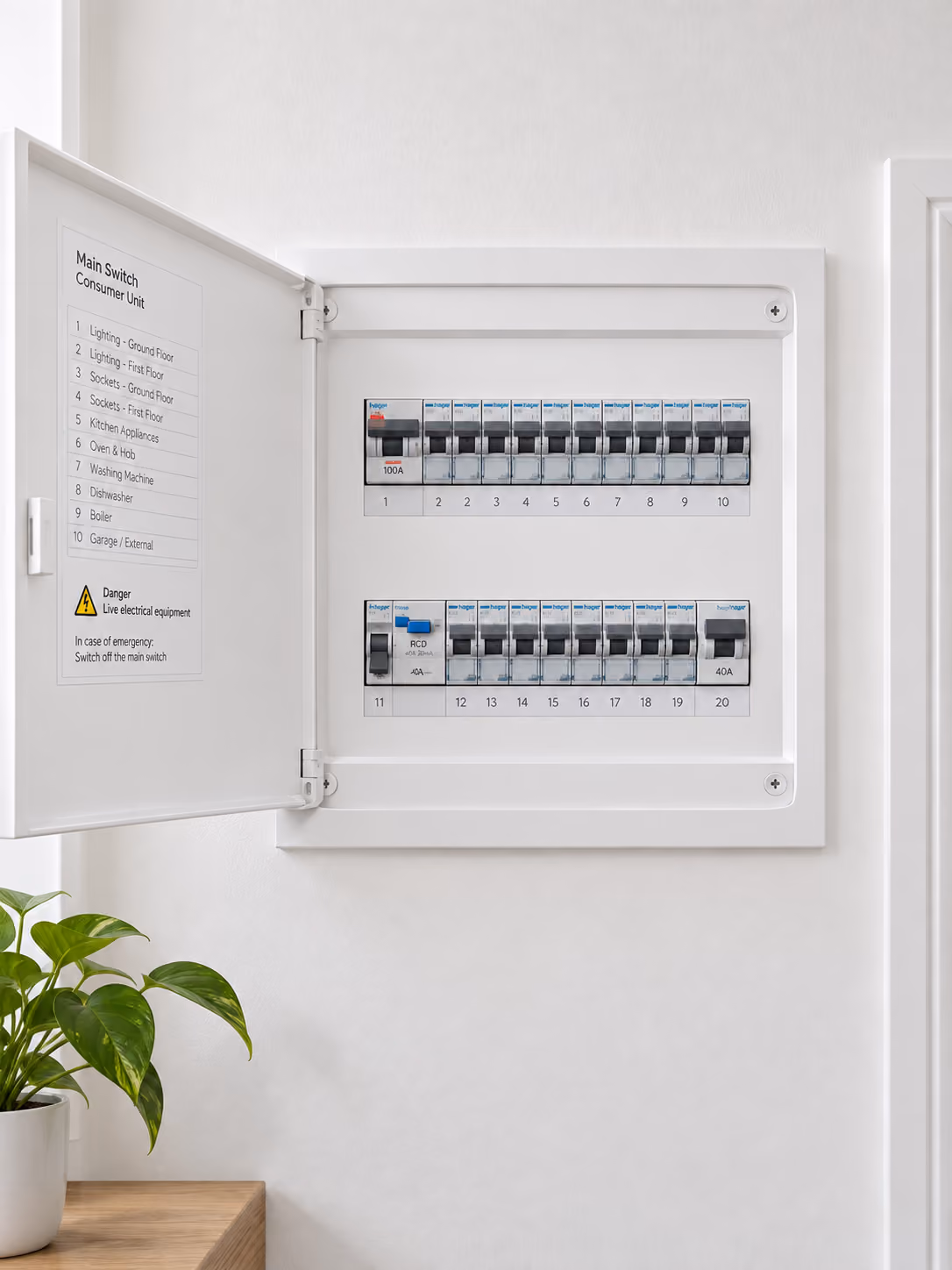 Modern labelled consumer unit with RCBO protection
