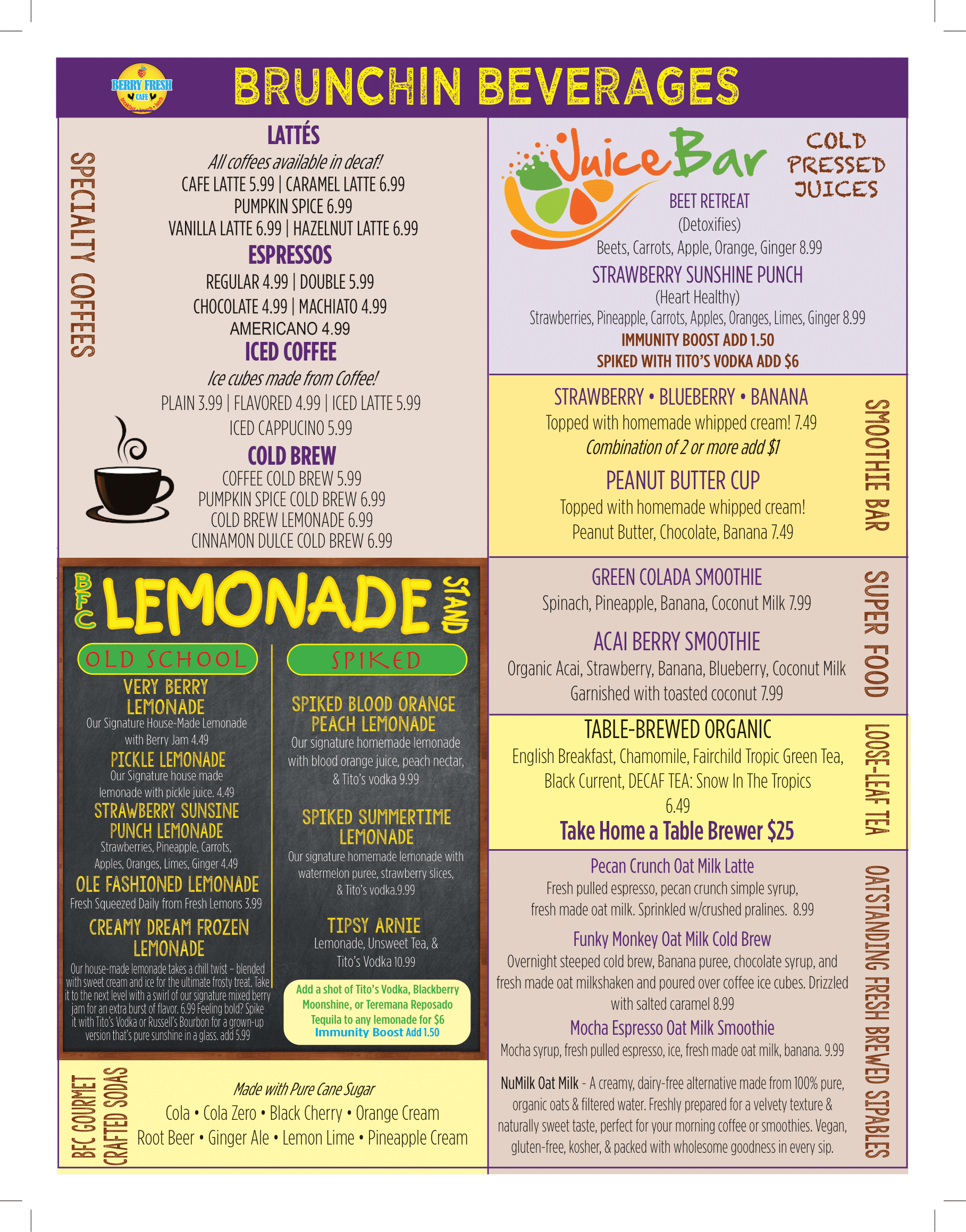 Berry Fresh Cafe brunchin beverages menu