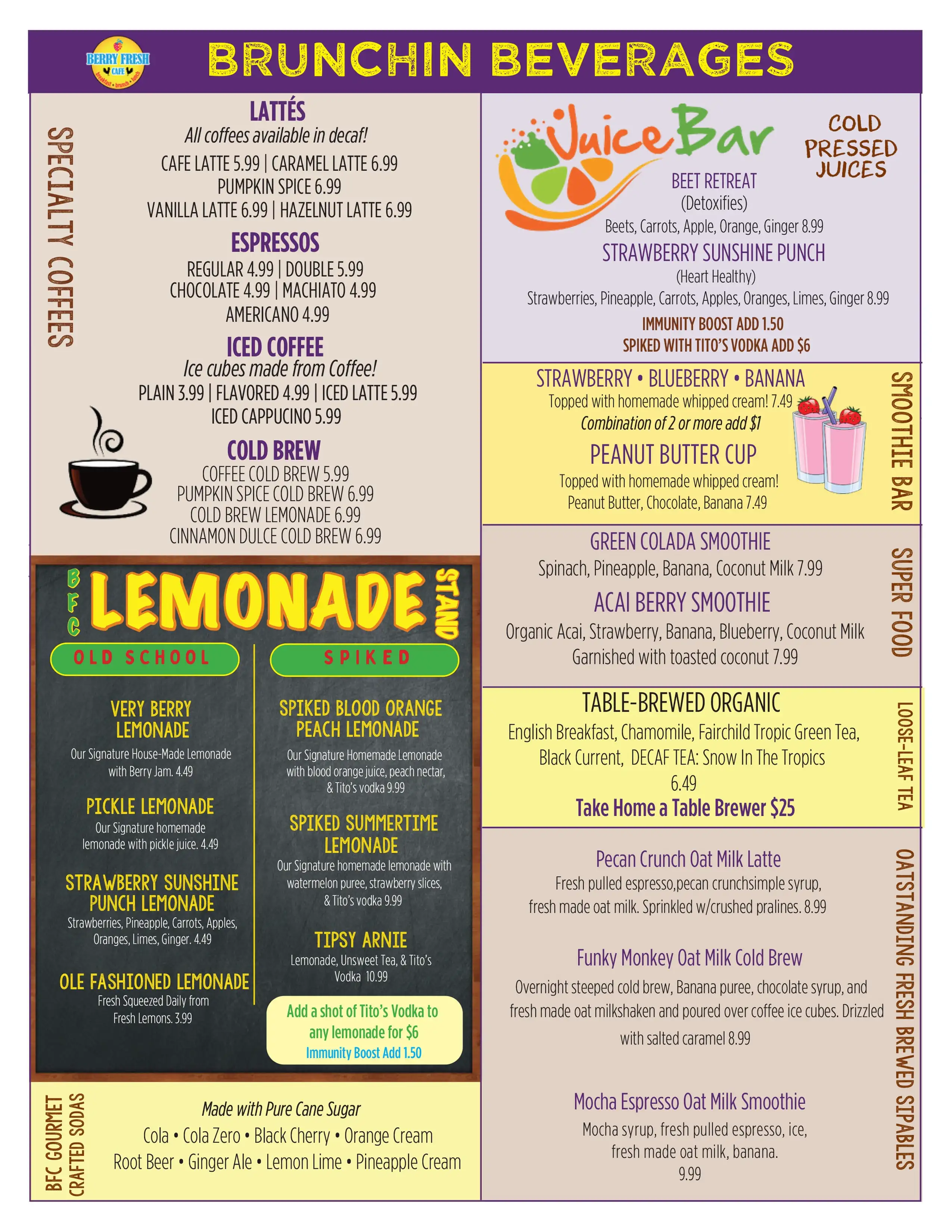 Berry Fresh Cafe brunchin beverages menu
