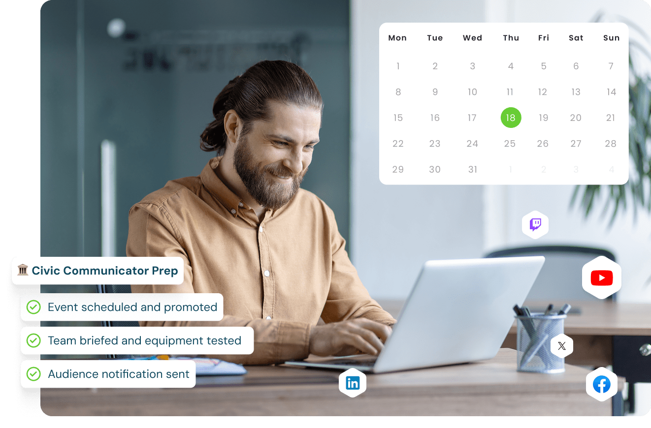 a man with a laptop and a calendar floating on top right