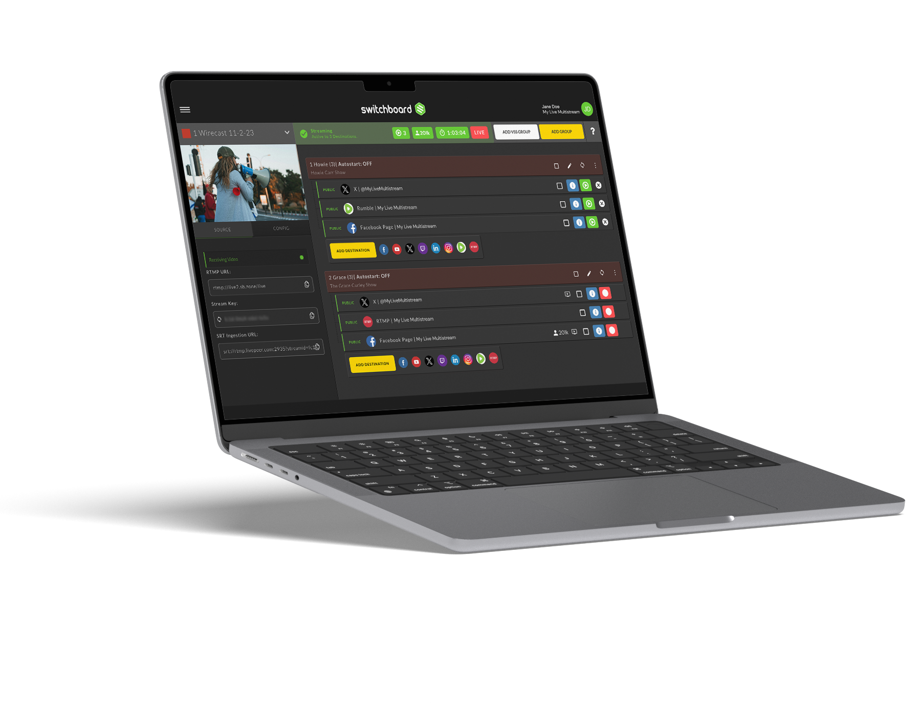 Switchboard Live application view shown on a laptop