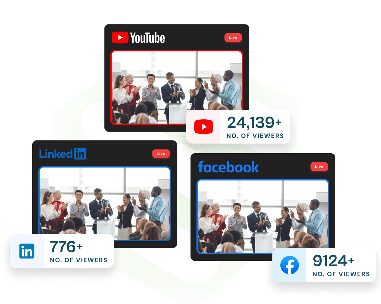 Diagram showing Switchboard Live distributing one livestream to YouTube, LinkedIn, and Facebook with viewer counts