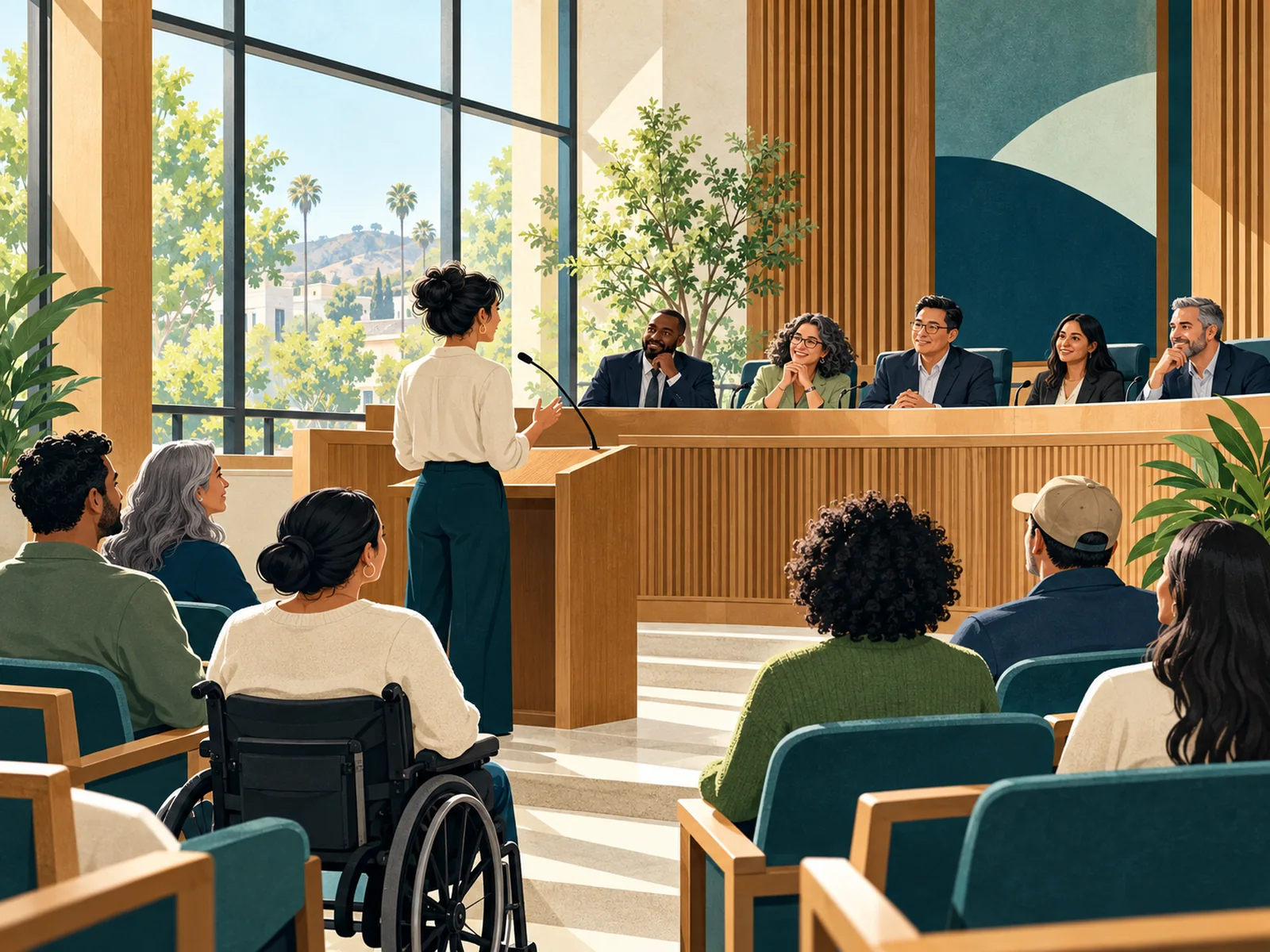 Illustration of residents, including a wheelchair user, taking part in a welcoming public meeting.