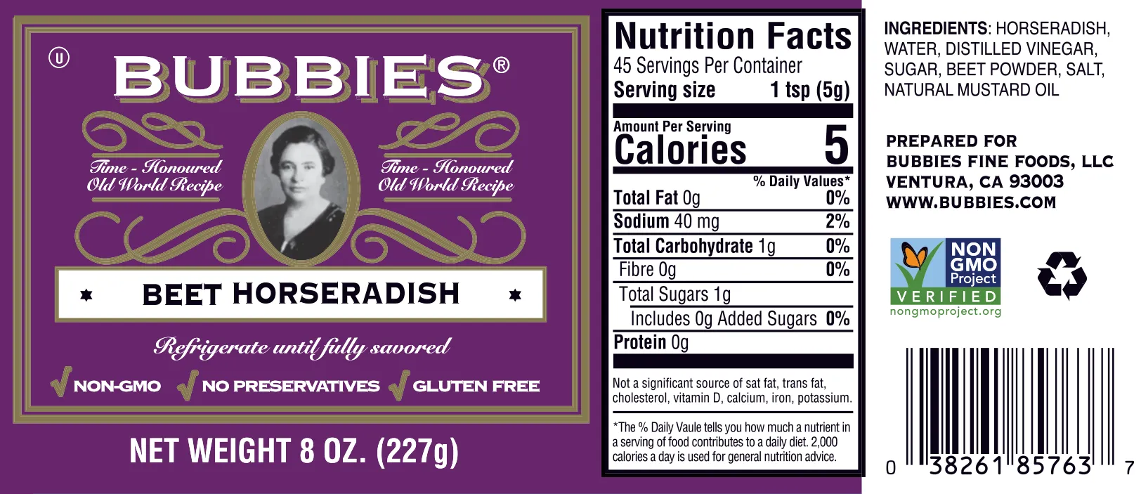Bubbies Beet Horseradish Product Label for US