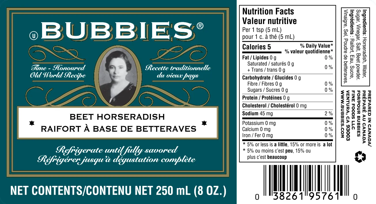 Bubbies Beet Horseradish Product Label for US