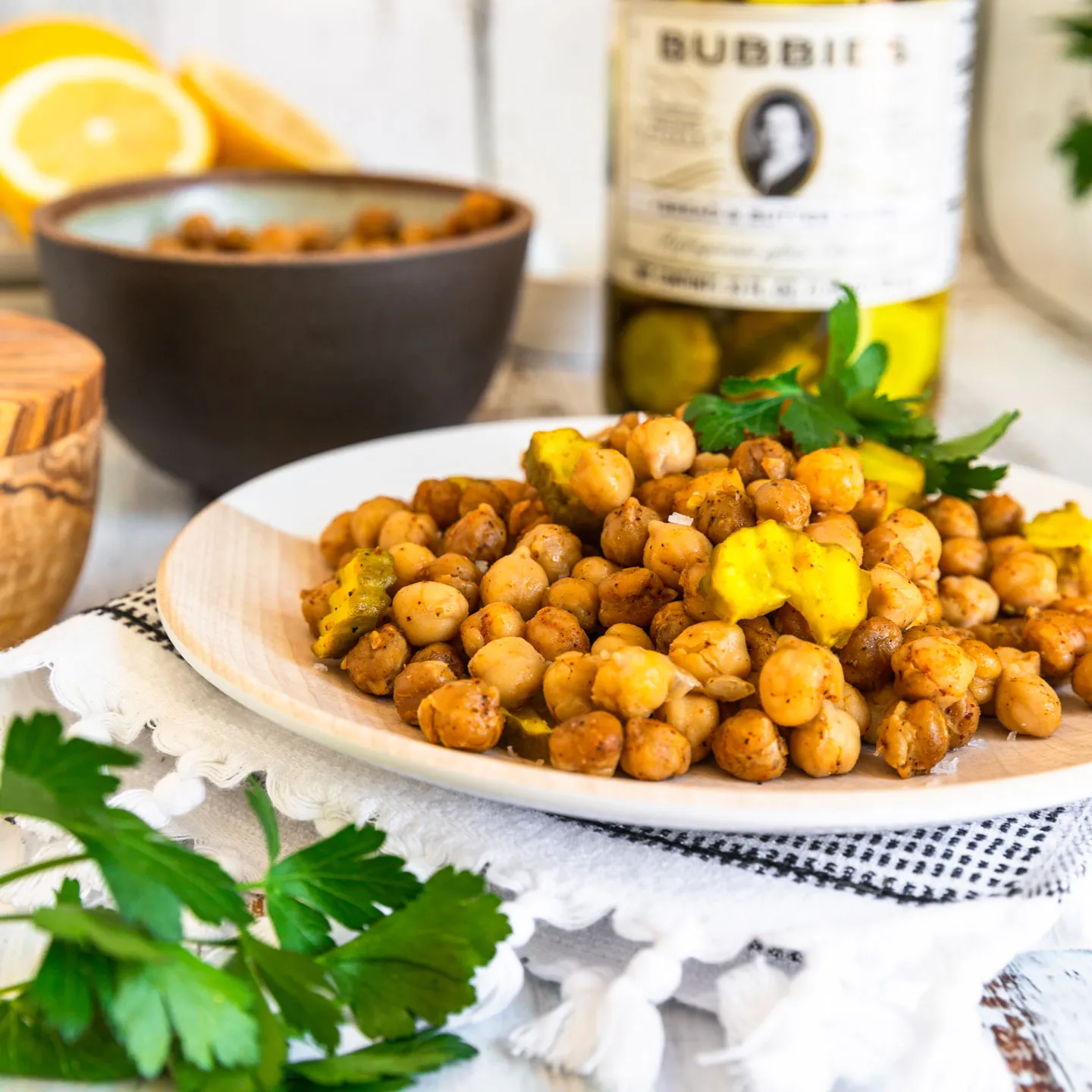 Garam Masala Roasted Chickpeas with Bubbies Bread and Butter Chips