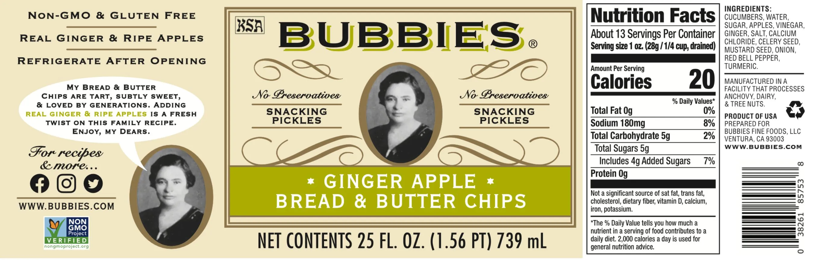 Bubbies Ginger Apple Bread & Butter Chips Label for US