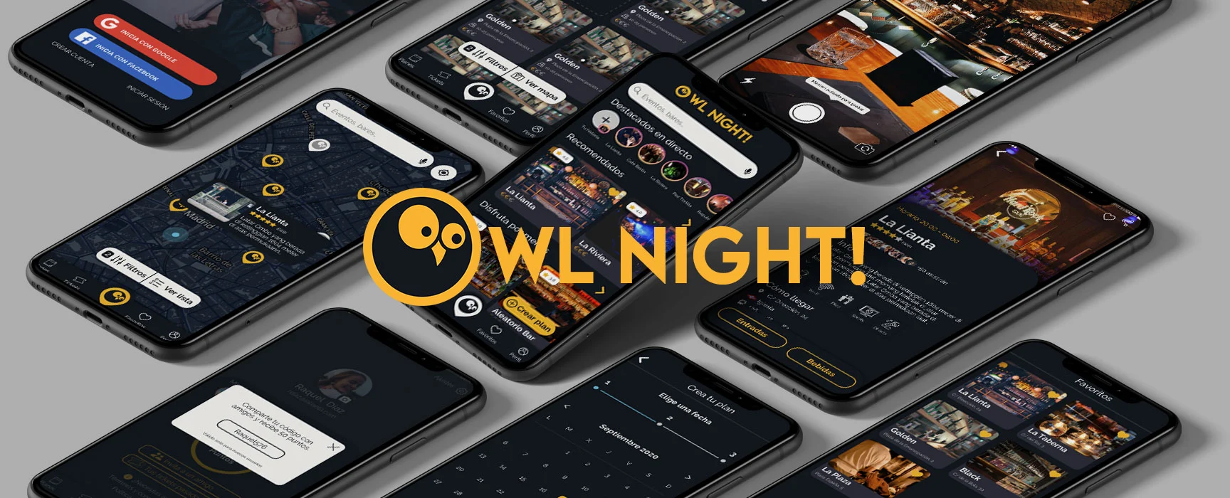 Portada para owl night dónde se ven iphones 11 con las pantallas de la app owl night