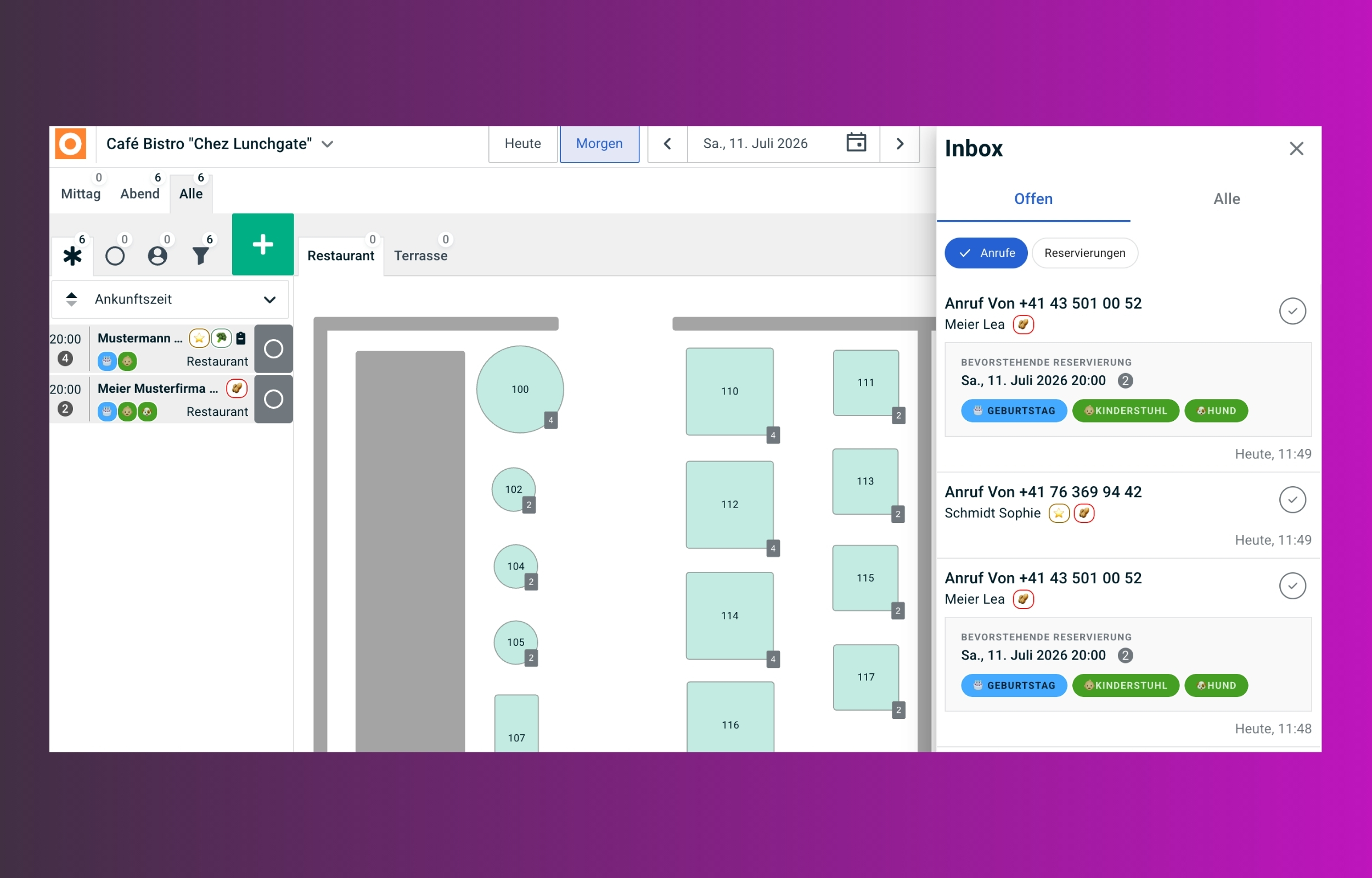 Inbox für Anrufe und Reservierungen mit Caller ID