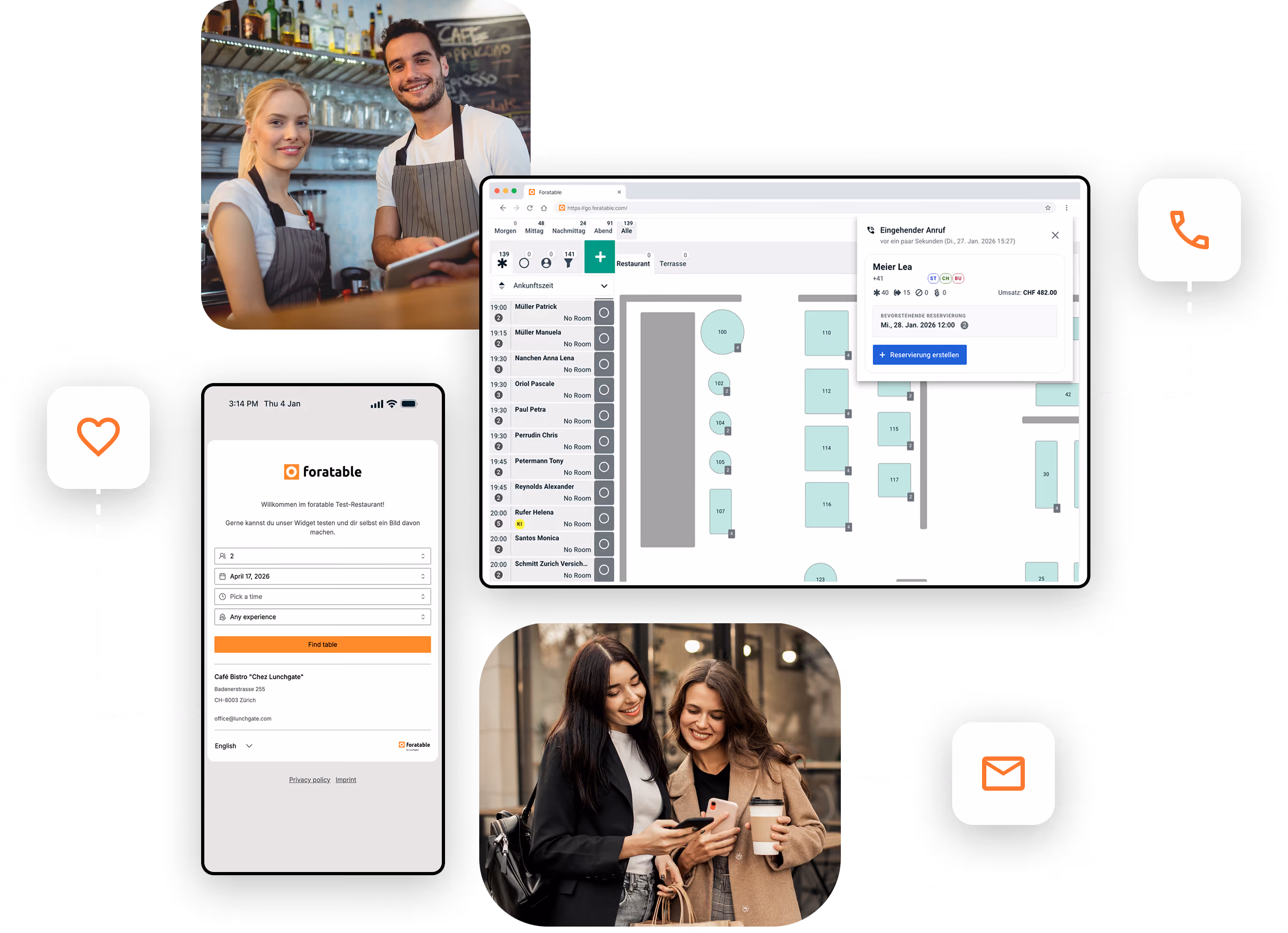 Serviceteam nutzt foratable auf dem Tablet, Gäste buchen per Smartphone