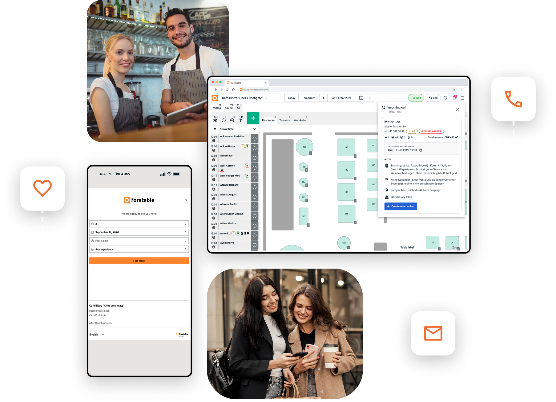 Service team using foratable on a tablet, guests booking via smartphone
