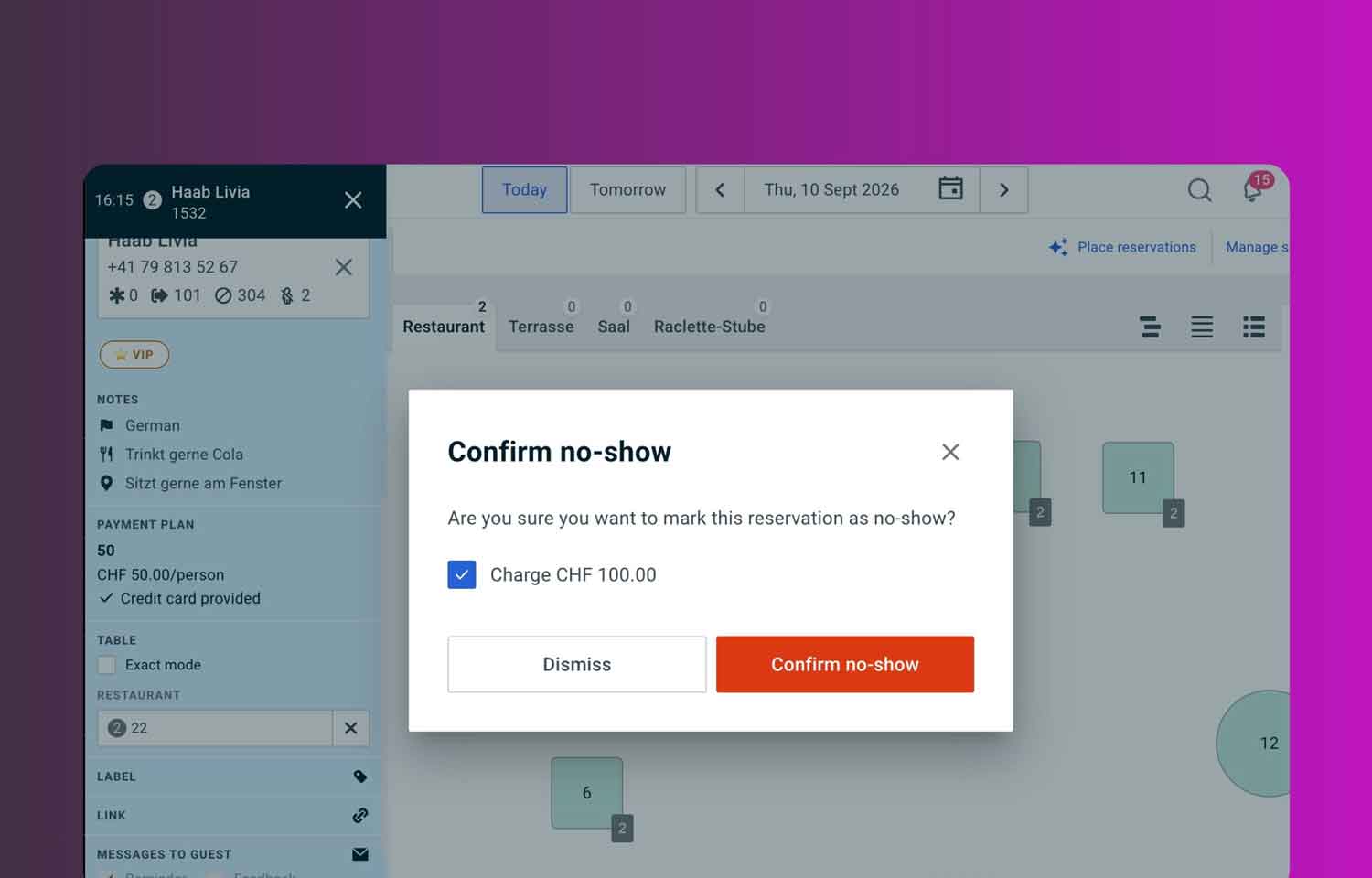 Notification in foratable that a guest may be charged for a no-show fee