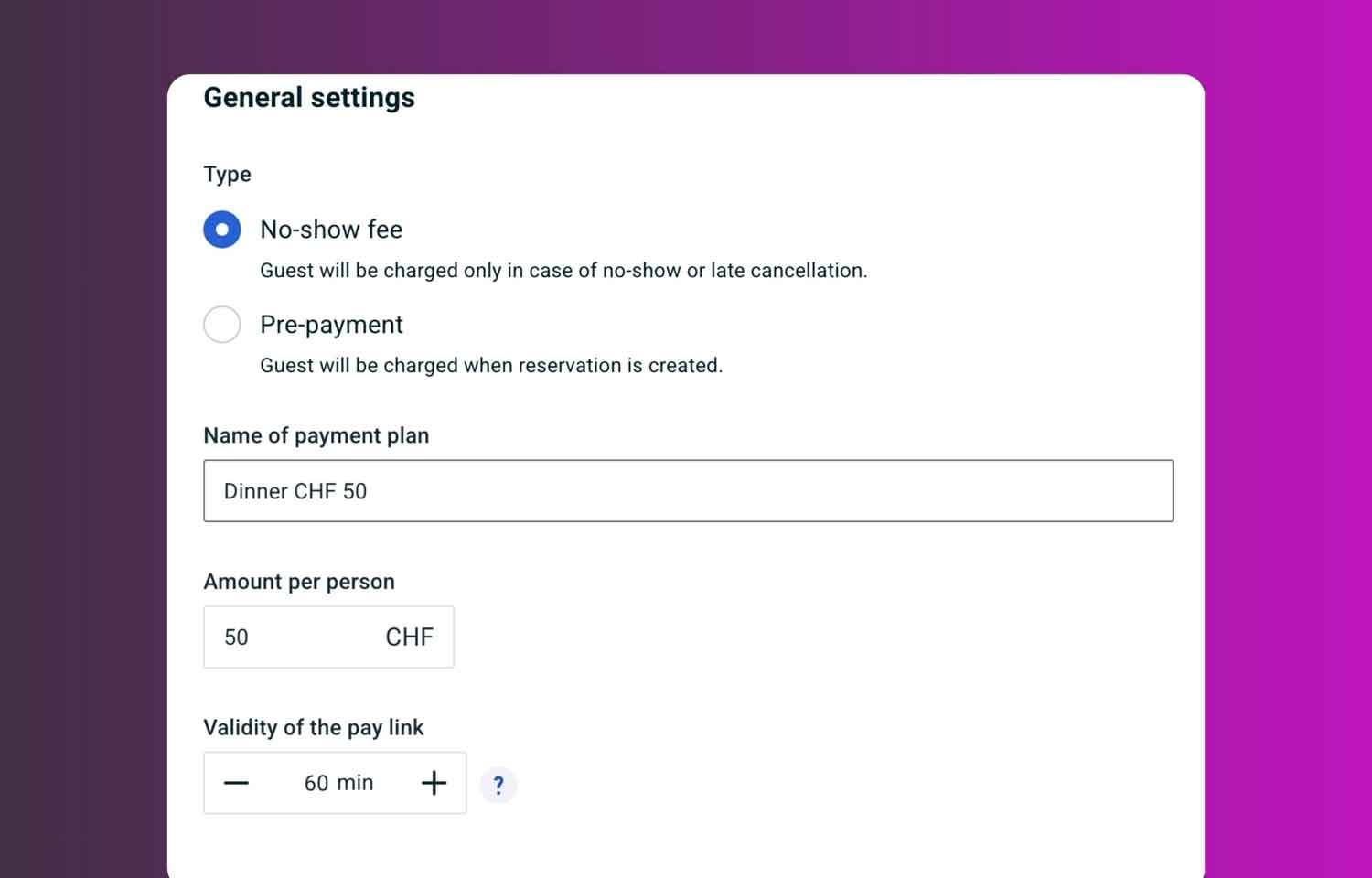 General settings for the no-show fee in foratable