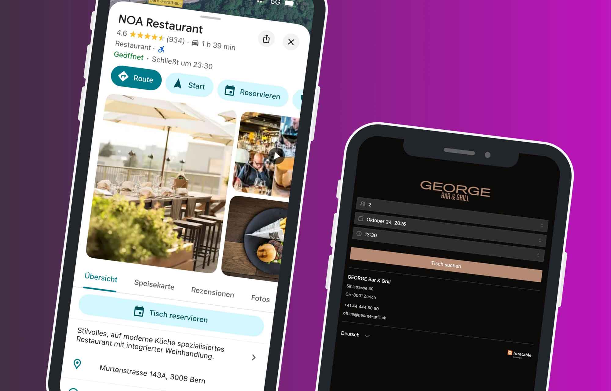 Online-Reservierung mit foratable über Website und Google mit NOA Restaurant Bern und George Bar Grill Zürich