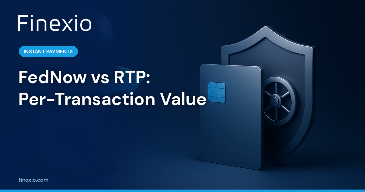 A two-column comparison showing FedNow's $99,414 average transaction value against RTP's $3,750 average, illustrating divergent enterprise B2B use cases across U.S. instant payment rails.
