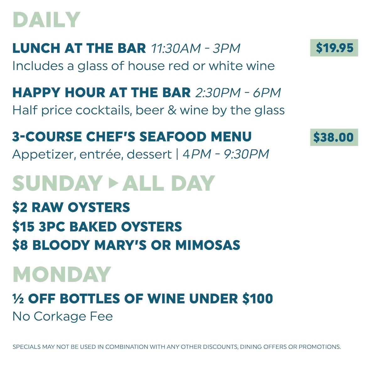 Sea Salt Naples Daily Specials Description. Lunch at the Bar, daily happy hour,  and four course chef's tasting menu special