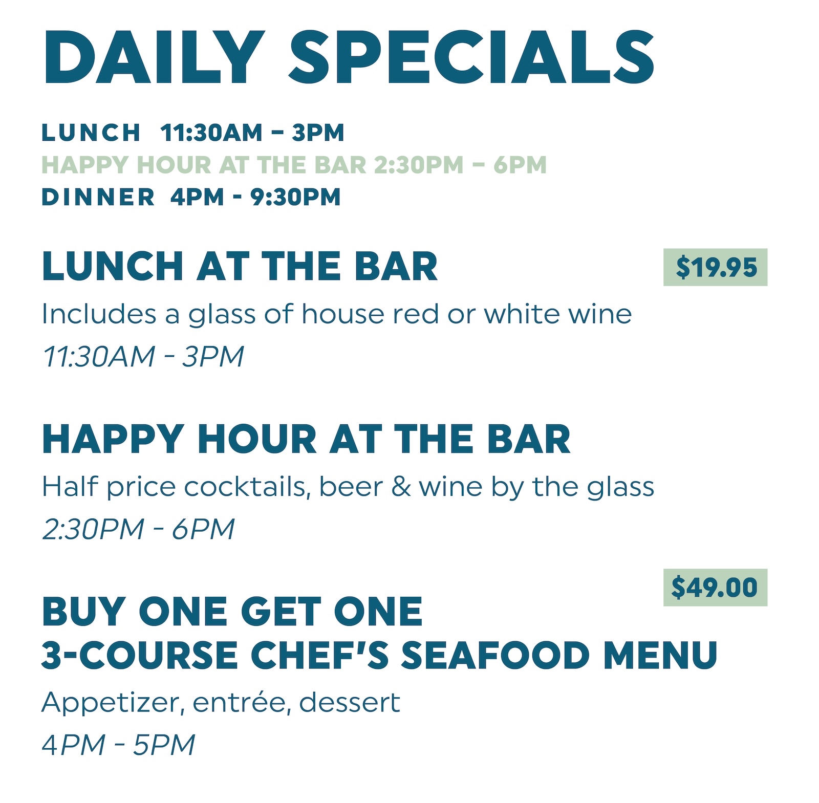 Sea Salt Naples Daily Specials Description. Lunch at the Bar, daily happy hour,  and four course chef's tasting menu special