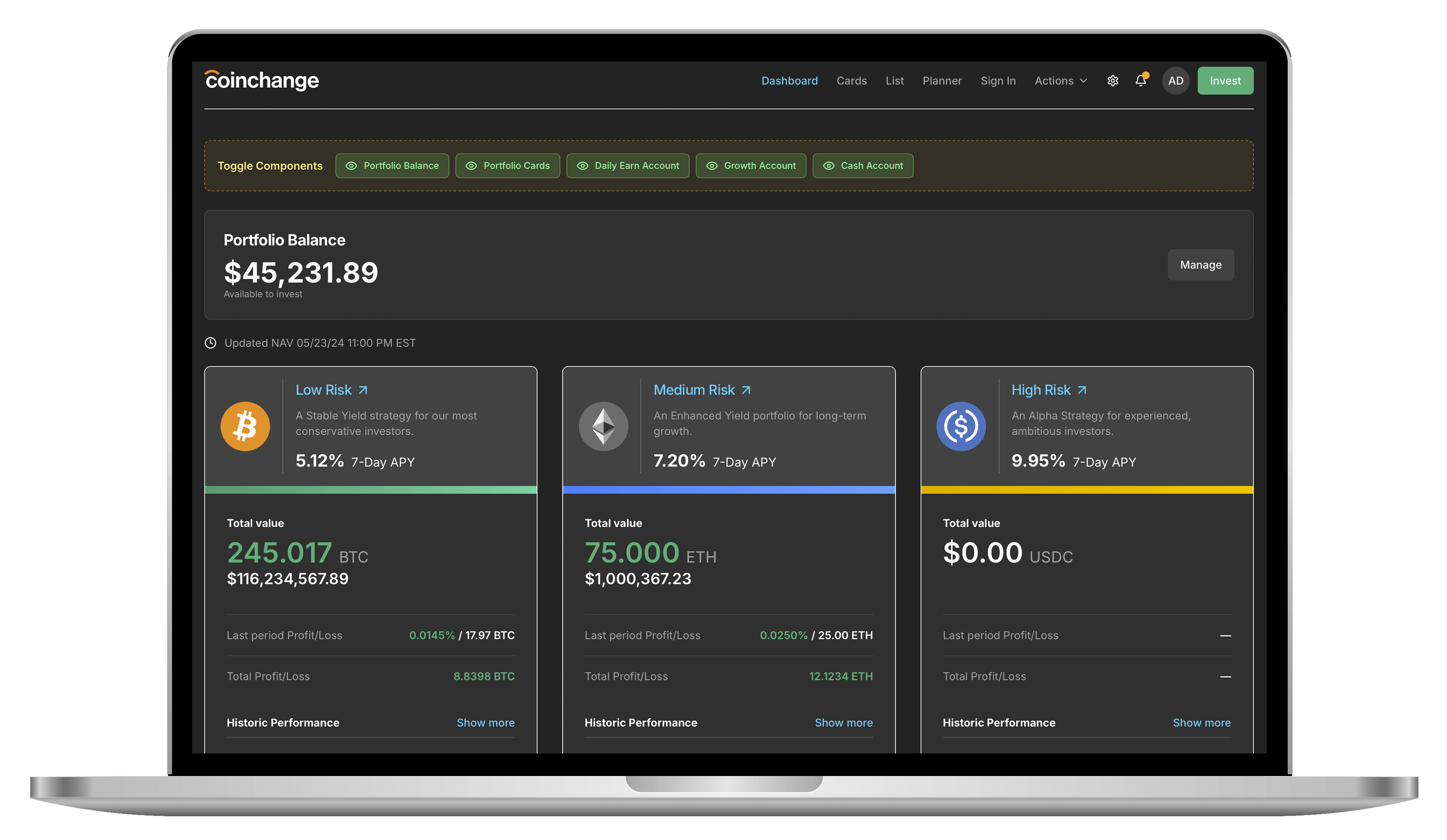 Laptop screen showing Coinchange portfolio dashboard with total balance of $45,231.89 and three investment options: Low Risk Bitcoin with 5.12% APY, Medium Risk Ethereum with 7.20% APY, and High Risk USDC with 9.95% APY.