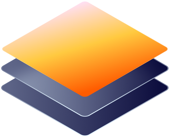 Three overlapping translucent squares stacked diagonally with a gradient from yellow to orange on top and shades of blue underneath.