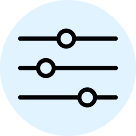 Icon showing three horizontal sliders with adjustable circular knobs on a light blue circular background.