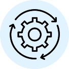 Gear icon with circular arrows around it representing operational flexibility.