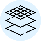 Icon of three layered squares stacked with a grid pattern on the top layer inside a light blue circle.