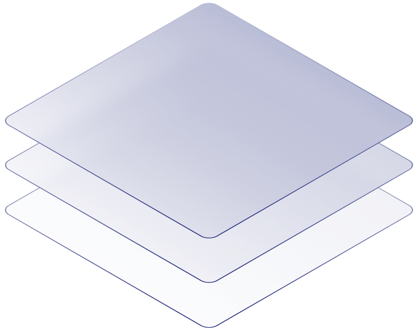 Three translucent overlapping square layers stacked in an isometric view with rounded corners.