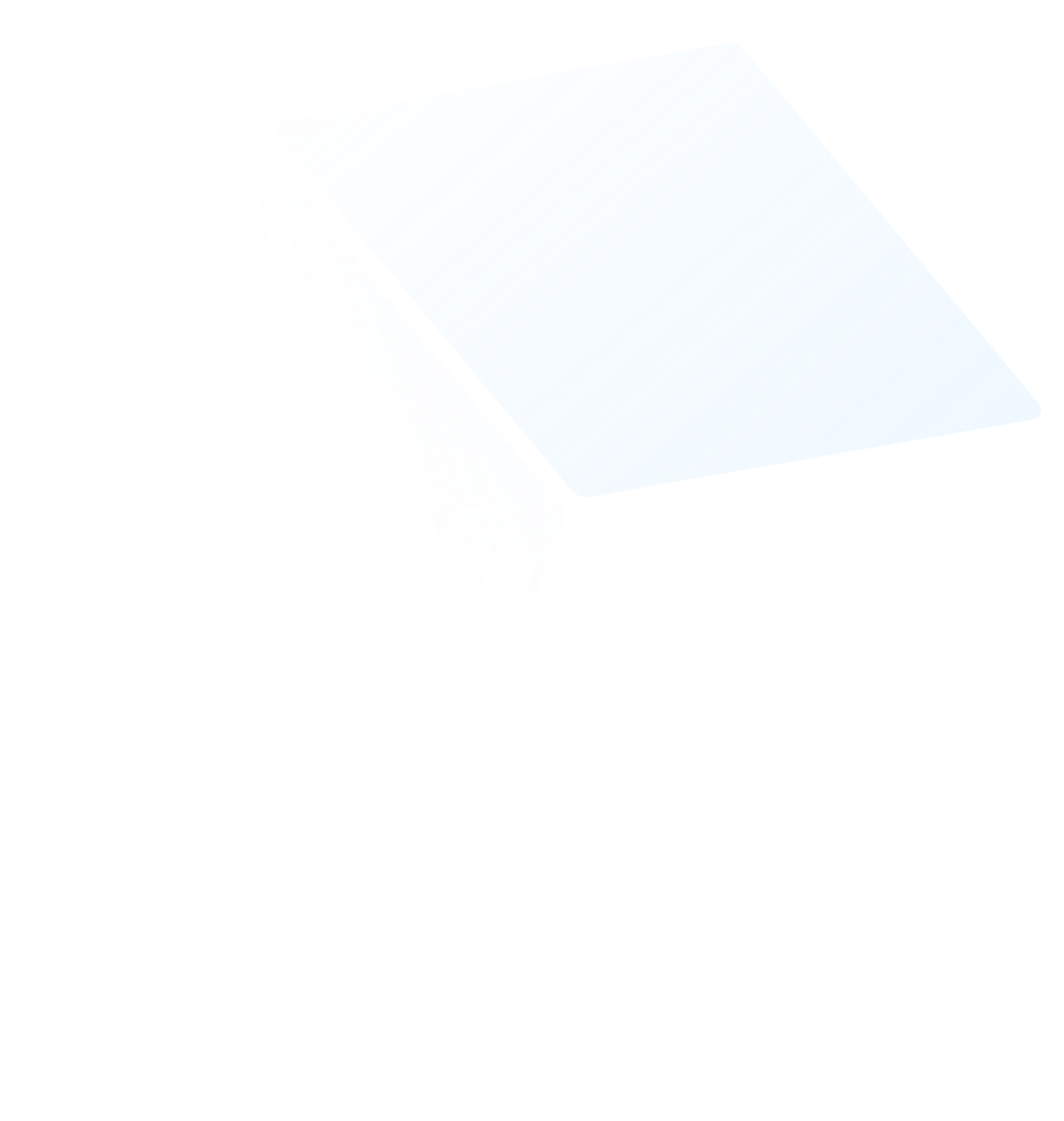 Transparent glass cube with a light blue top face floating on a white background.