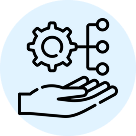 Hand holding a gear connected to a branching network, symbolizing process management or workflow.
