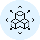 Three stacked cubes with arrows pointing outward in all directions on a light blue circular background.