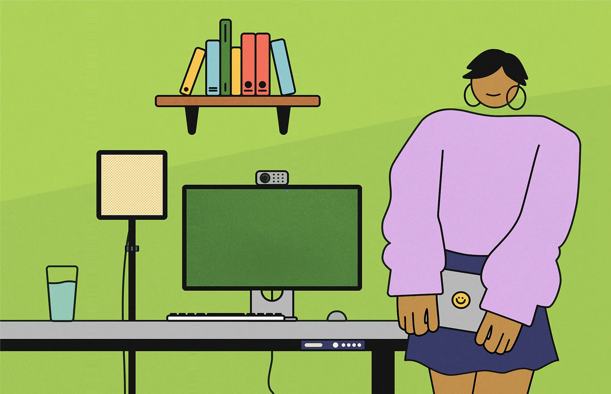 illustration of woman holding a laptop while standing next to her home office.