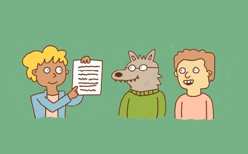 An illustration on a green background featuring 3 individuals, one of them holding and pointing at a piece of paper for the other two to view.