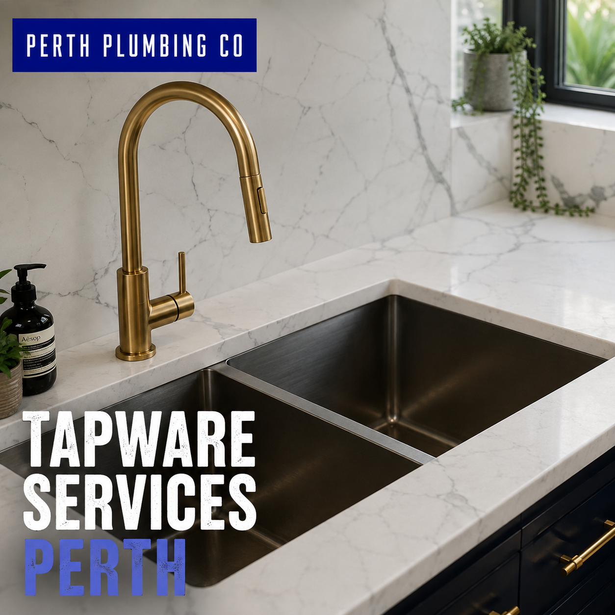 Brass kitchen tapware and double sink – Perth Plumbing Co