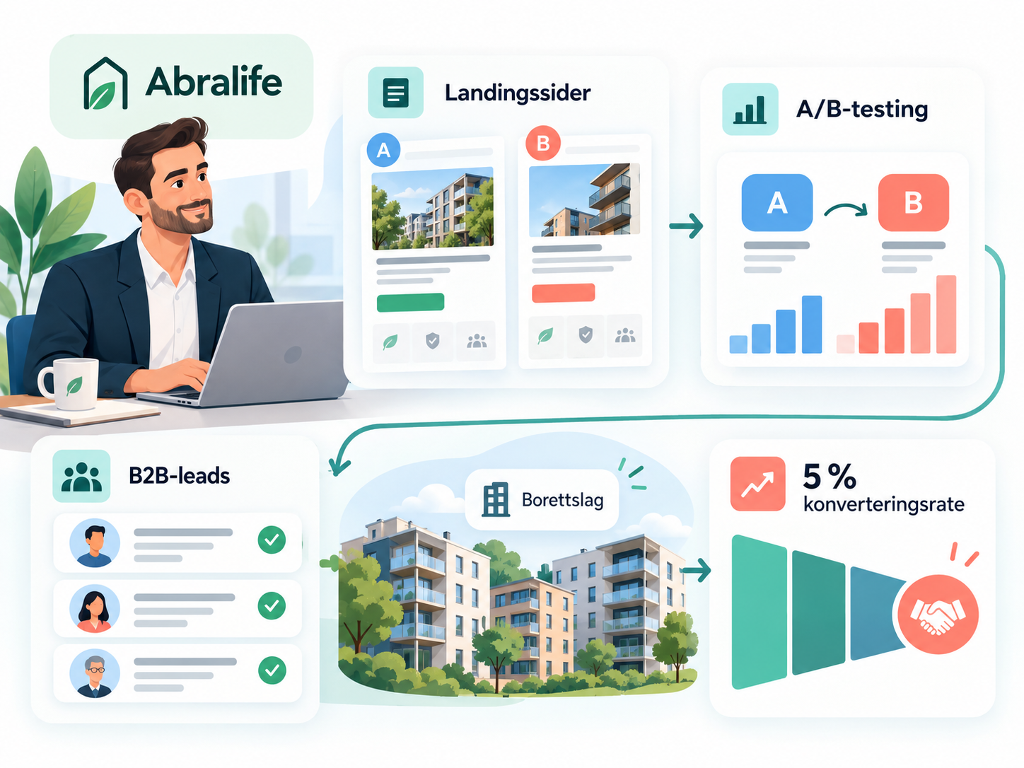 Abralife: forbedring av landingssider og A/B-testing for å skaffe relevante B2B-leads, med en konverteringsrate på 5 %.