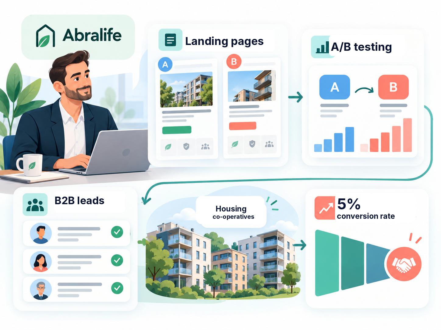 Abralife CRO case: landing page optimisation, A/B testing and qualified B2B leads with a 5% conversion rate.