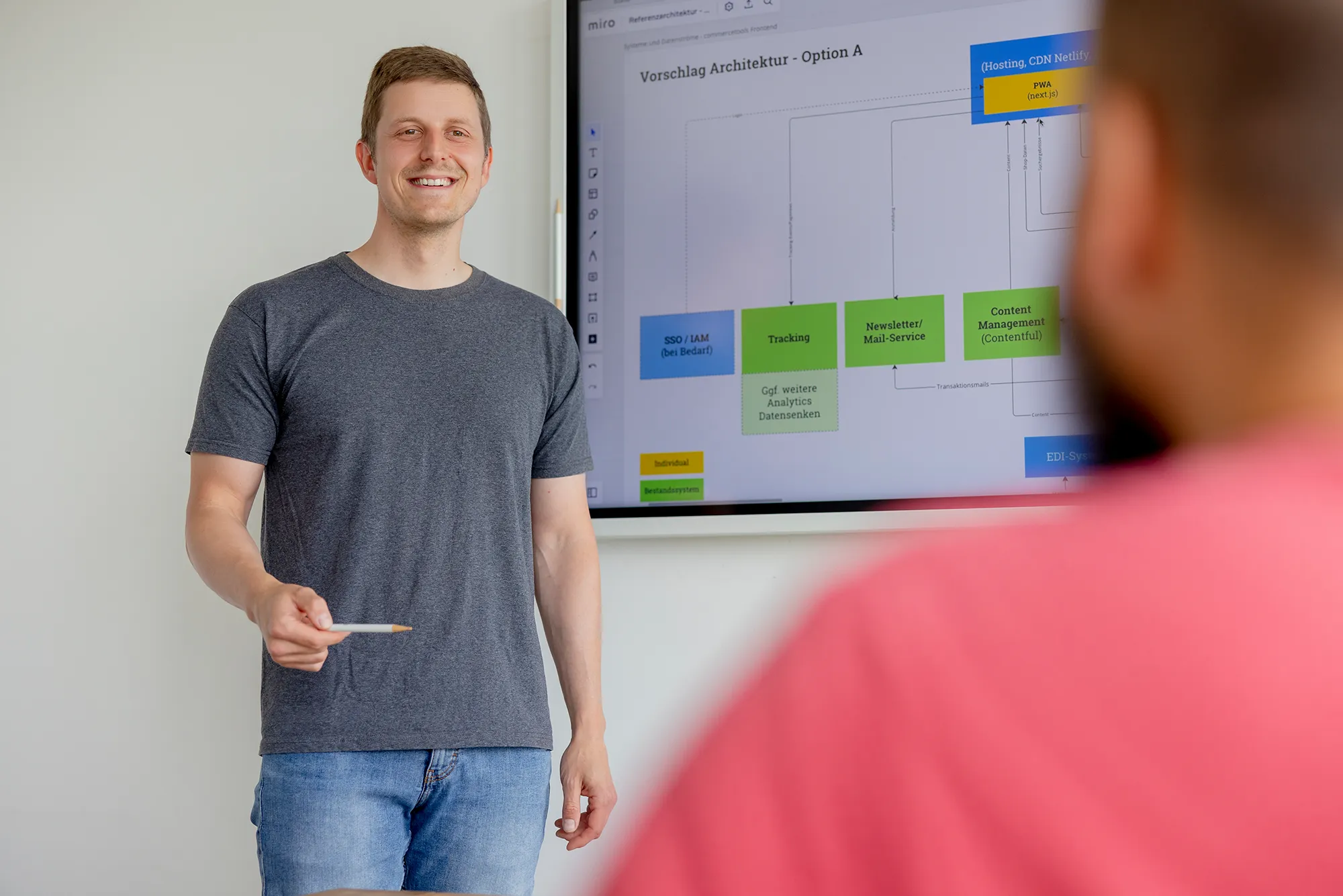 Ein Mitarbeiter zeigt am Monitor eine Architekturskizze für die MACH-Technologie.