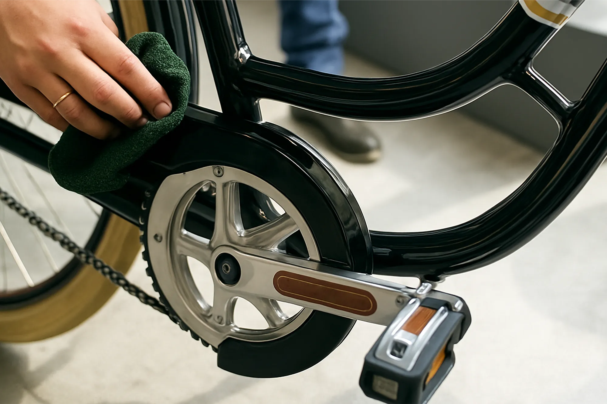 Person putzt ihr Fahrrad