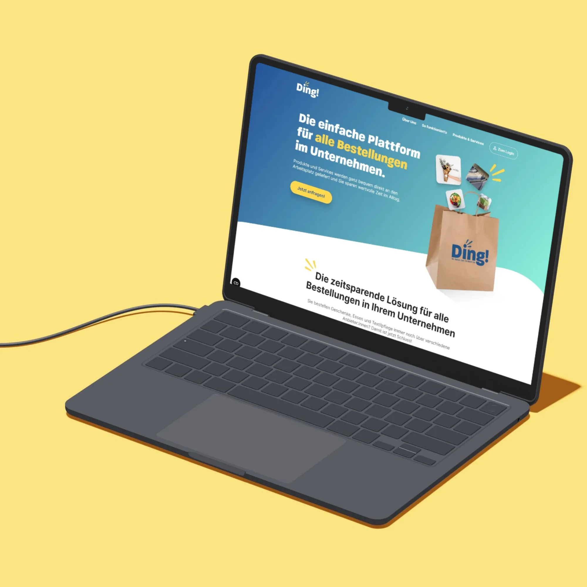 Die Website von Ding! dargestellt auf einem Laptop