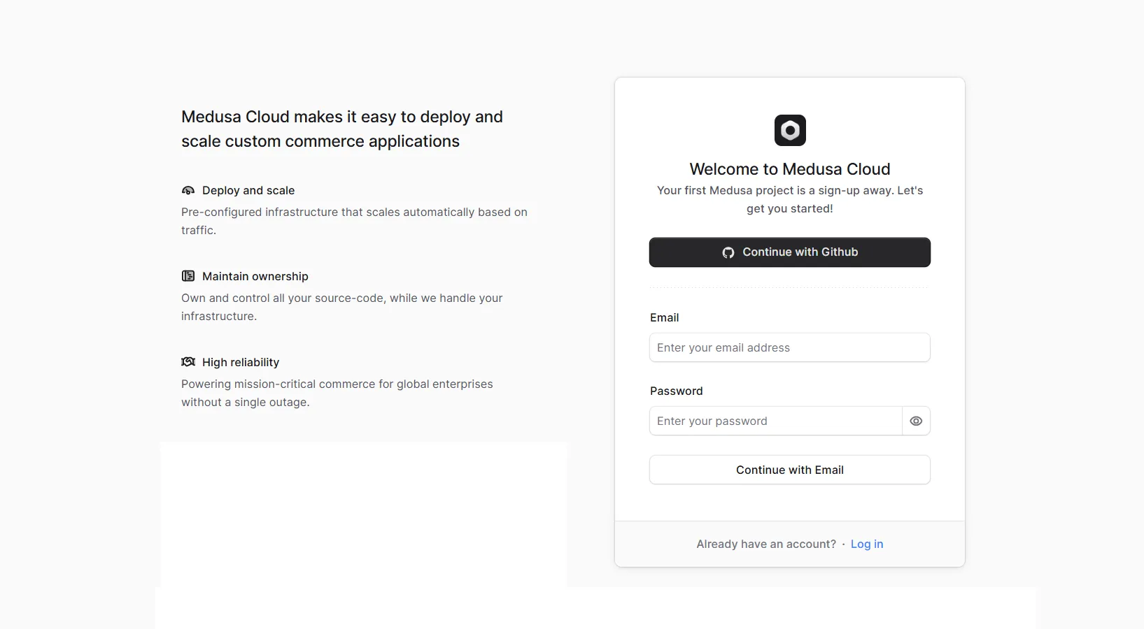 Screenshot eines Demo-Shops auf Basis von Medusa.js: Loginseite