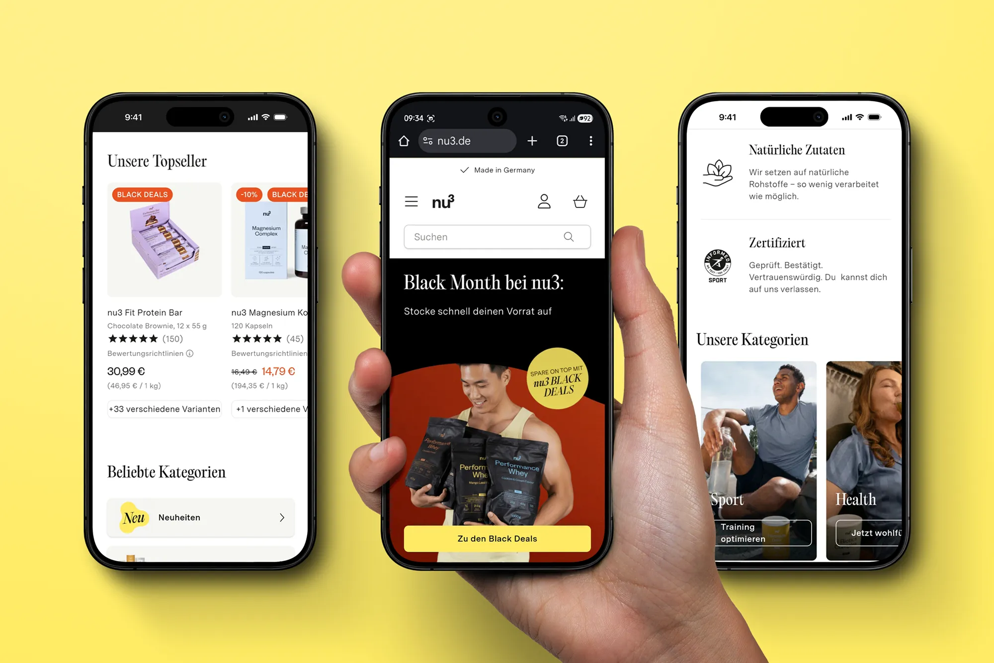 Visualisierung der nu3 Website auf drei Smartphones
