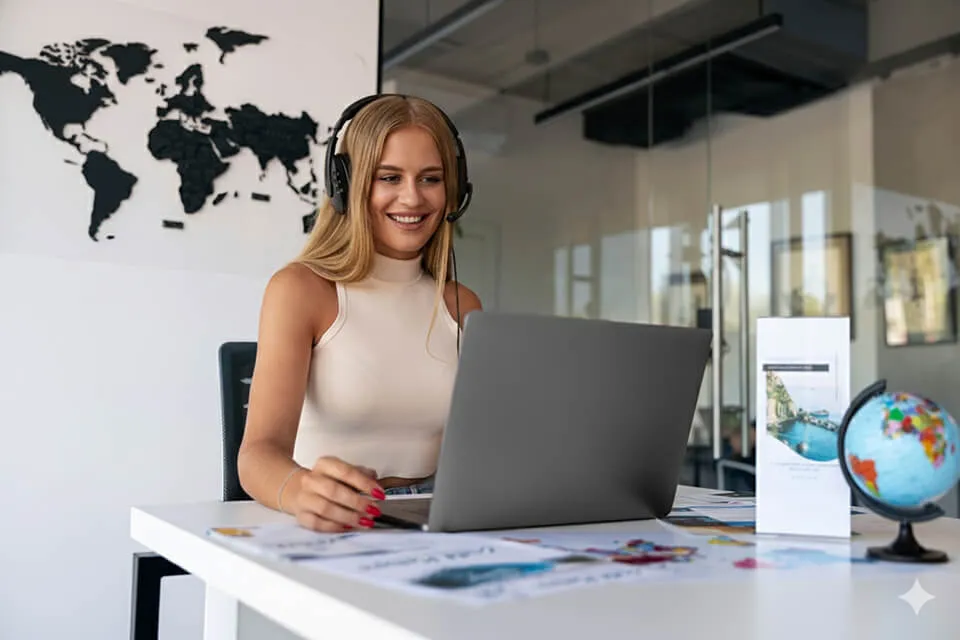 A smiling travel agent wearing a headset, working on a laptop with a globe and travel brochures on her desk.